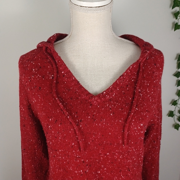 Gitano Holiday Knit Sweater Medium Red V-Neck W/ Hood -Long Sleeve -Drawstring - Picture 3 of 14